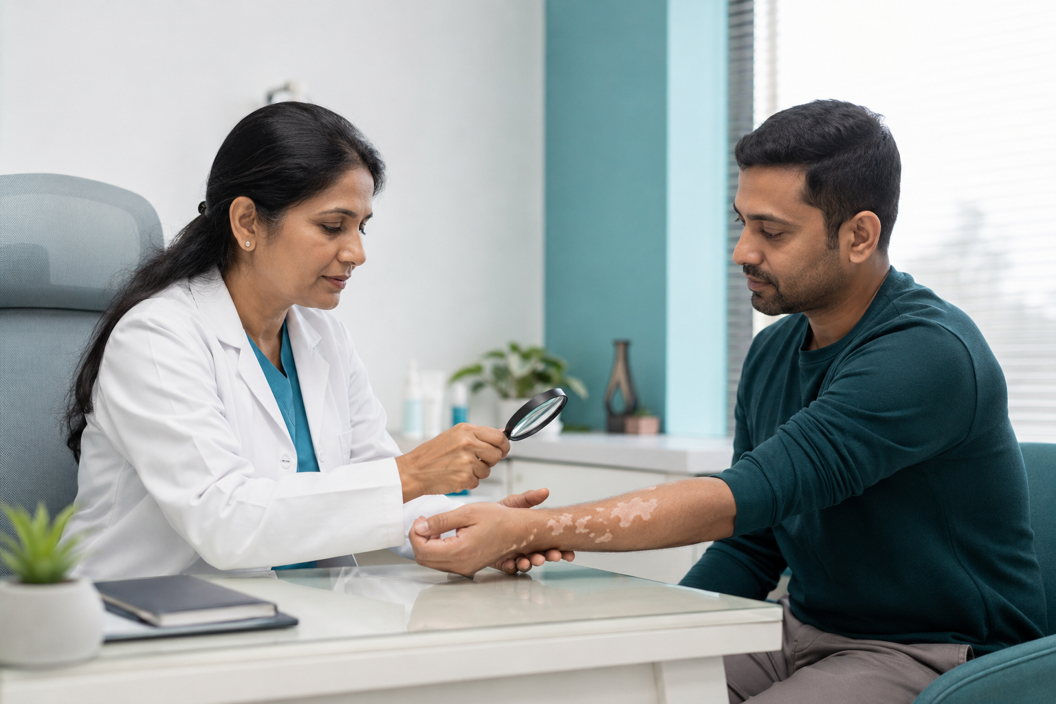Patient showing a dermatologist a new area of lighter skin