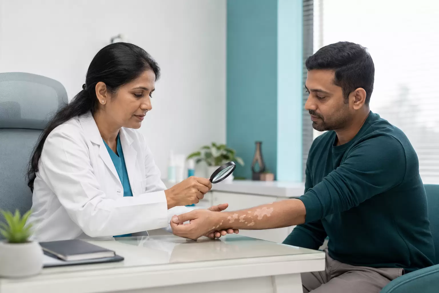 Dermatologist examining vitiligo patches on a patient’s forearm