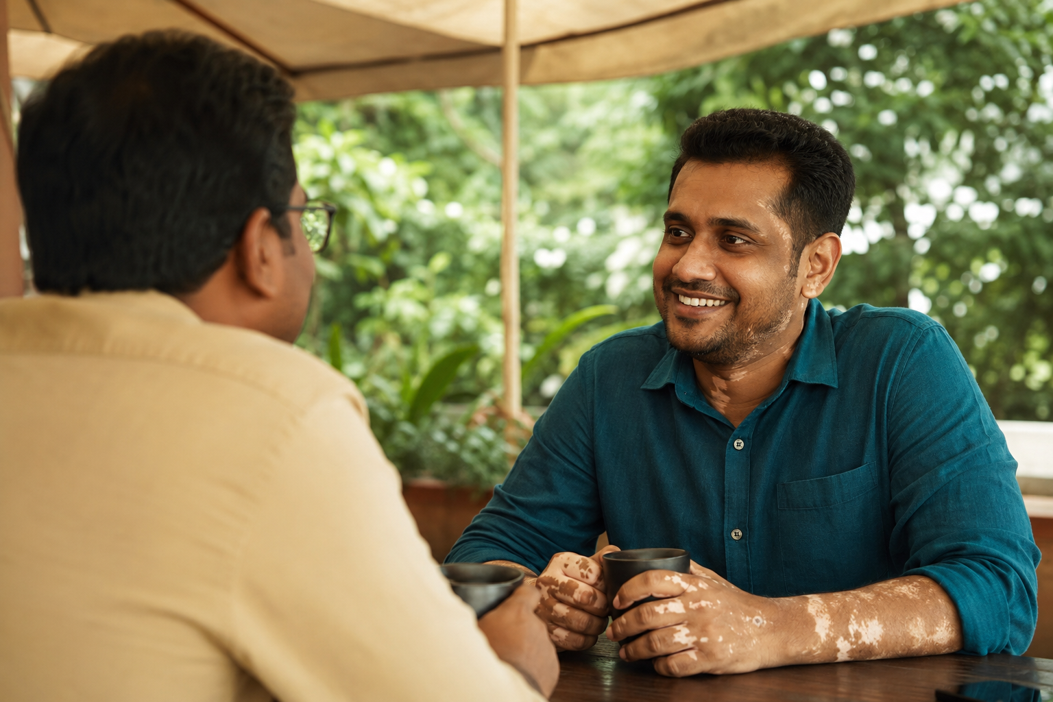 Confident adult with vitiligo taking part in everyday activities