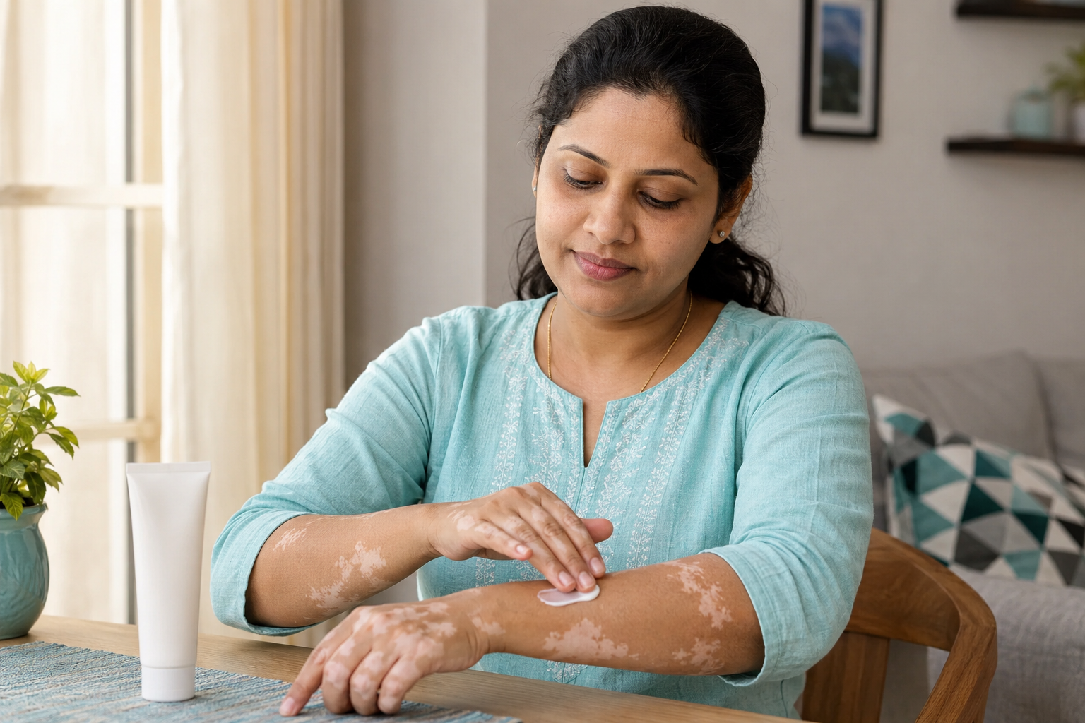 Person applying sunscreen to an exposed area of skin
