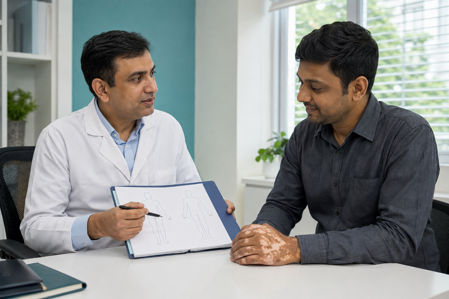 Dermatologist explaining a skin examination to a patient