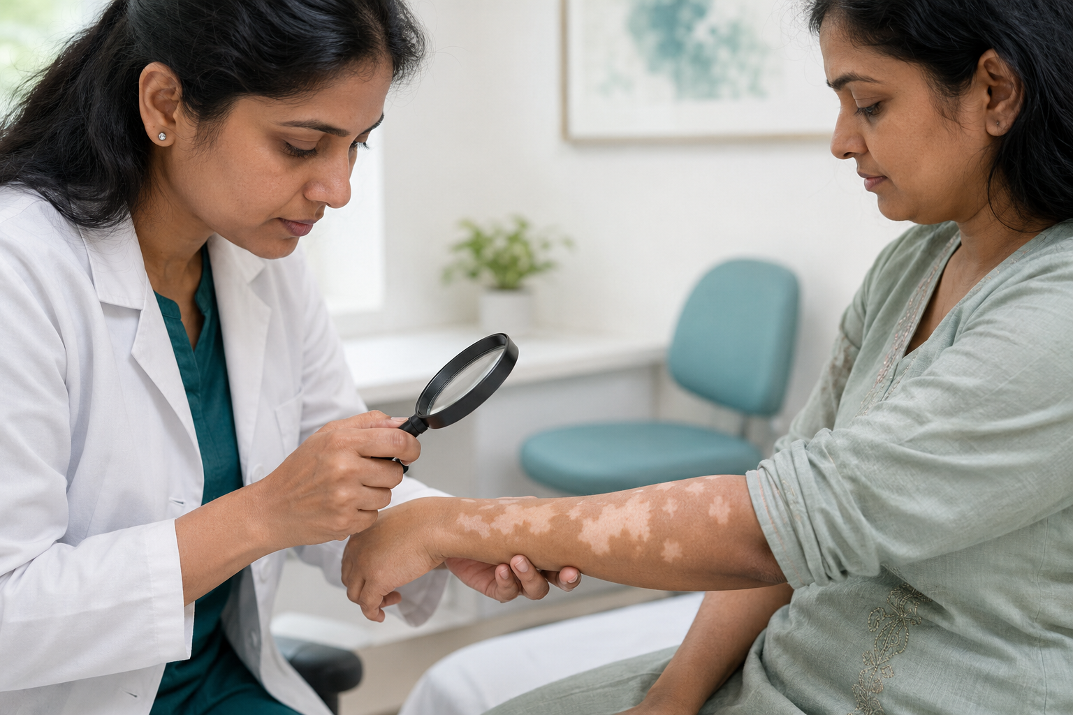 Educational illustration of a pale skin patch being assessed