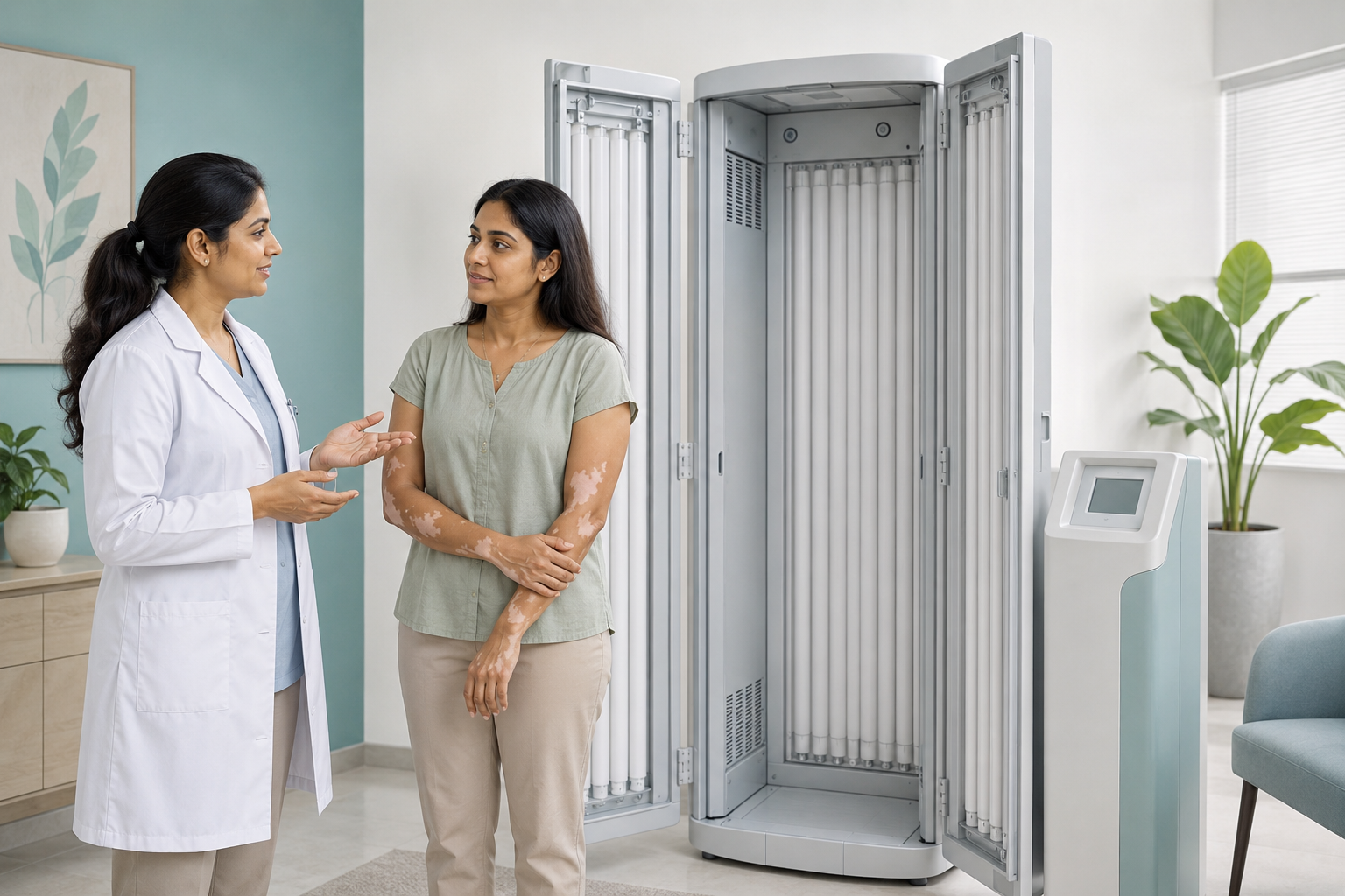 Educational illustration of supervised dermatology light treatment equipment