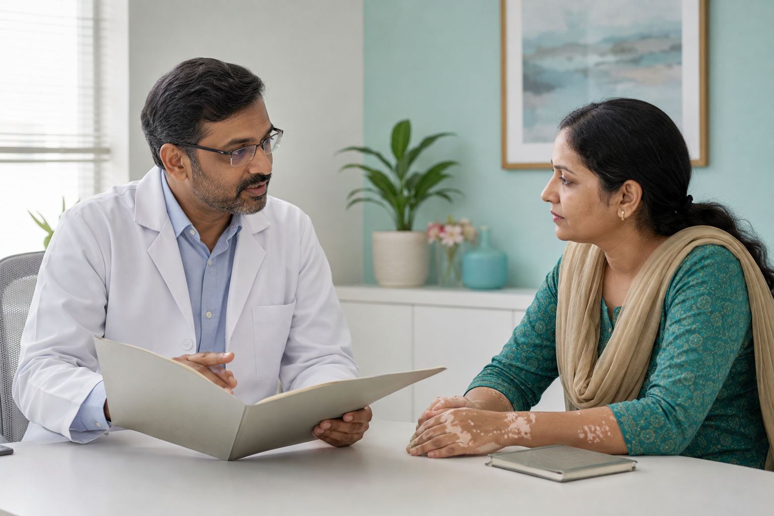 Patient comparing appointment information before choosing dermatology care