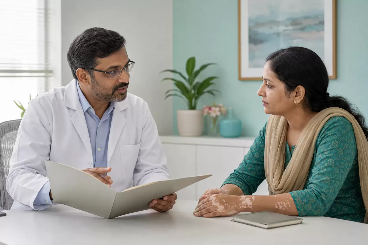 Woman consulting a dermatologist about vitiligo near Sholinganallur