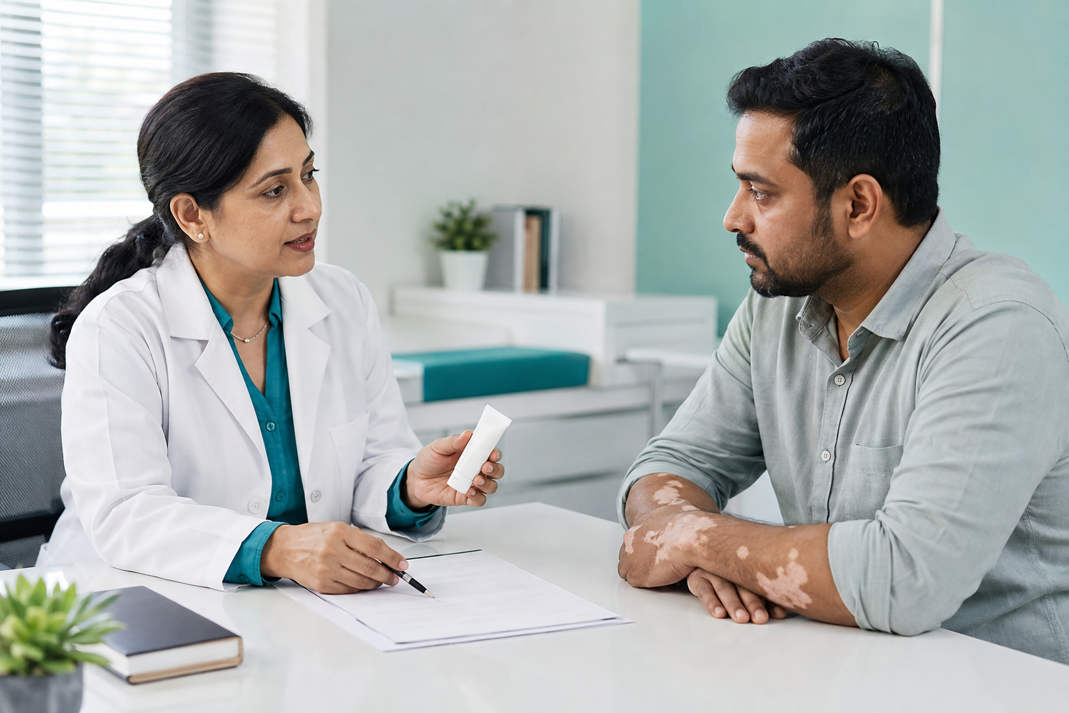 Dermatologist explaining a prescribed cream and written instructions