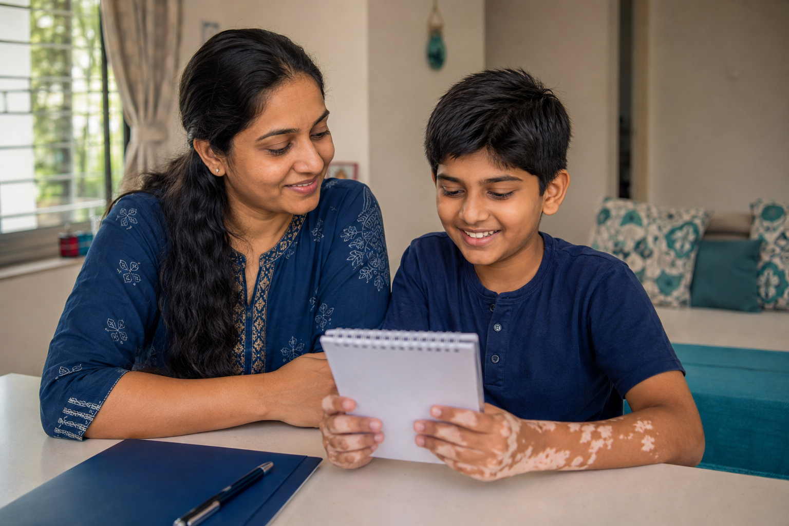 Parent and child preparing calmly for a skin consultation