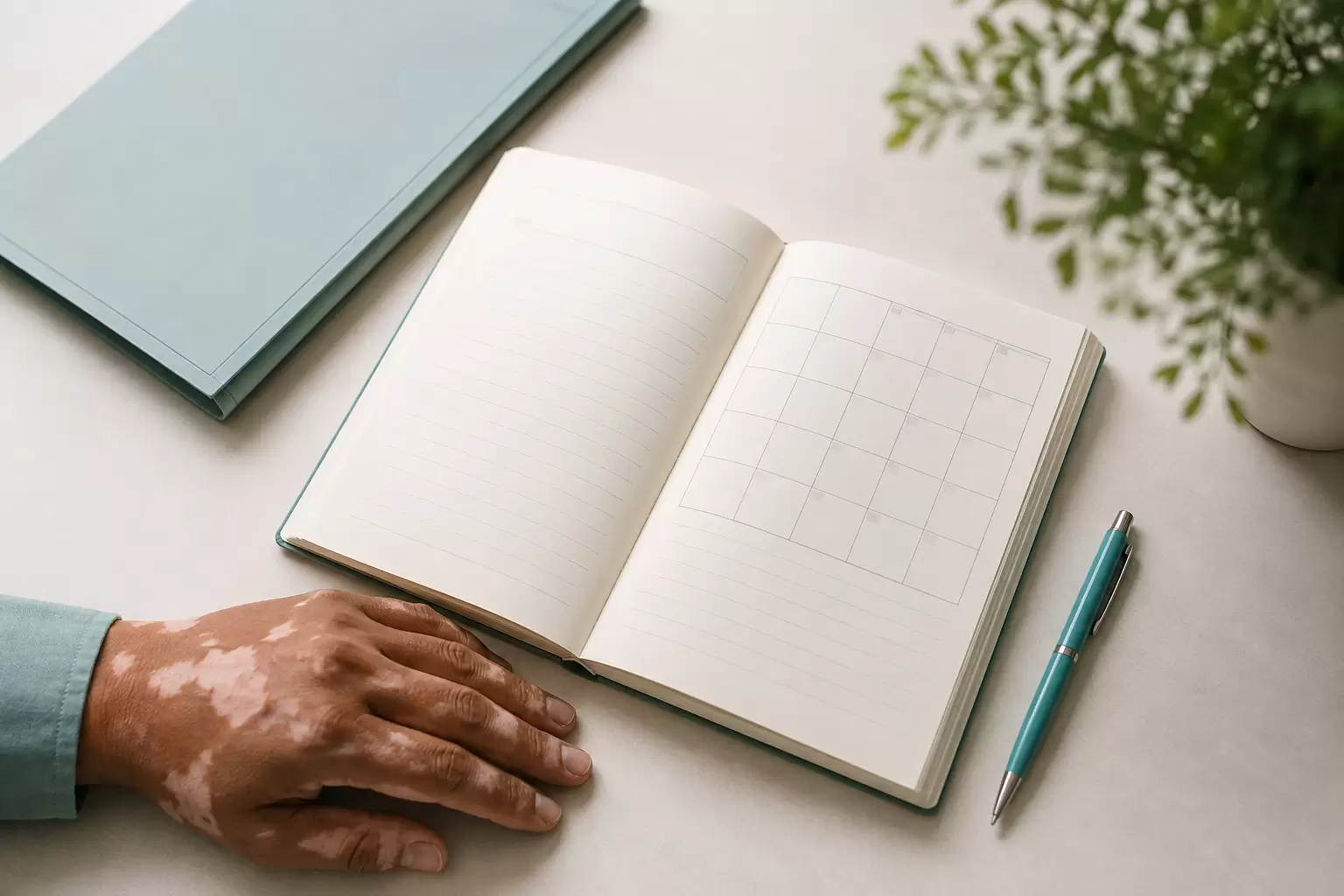 Hand with vitiligo beside a notebook and appointment planner while preparing for a dermatology consultation