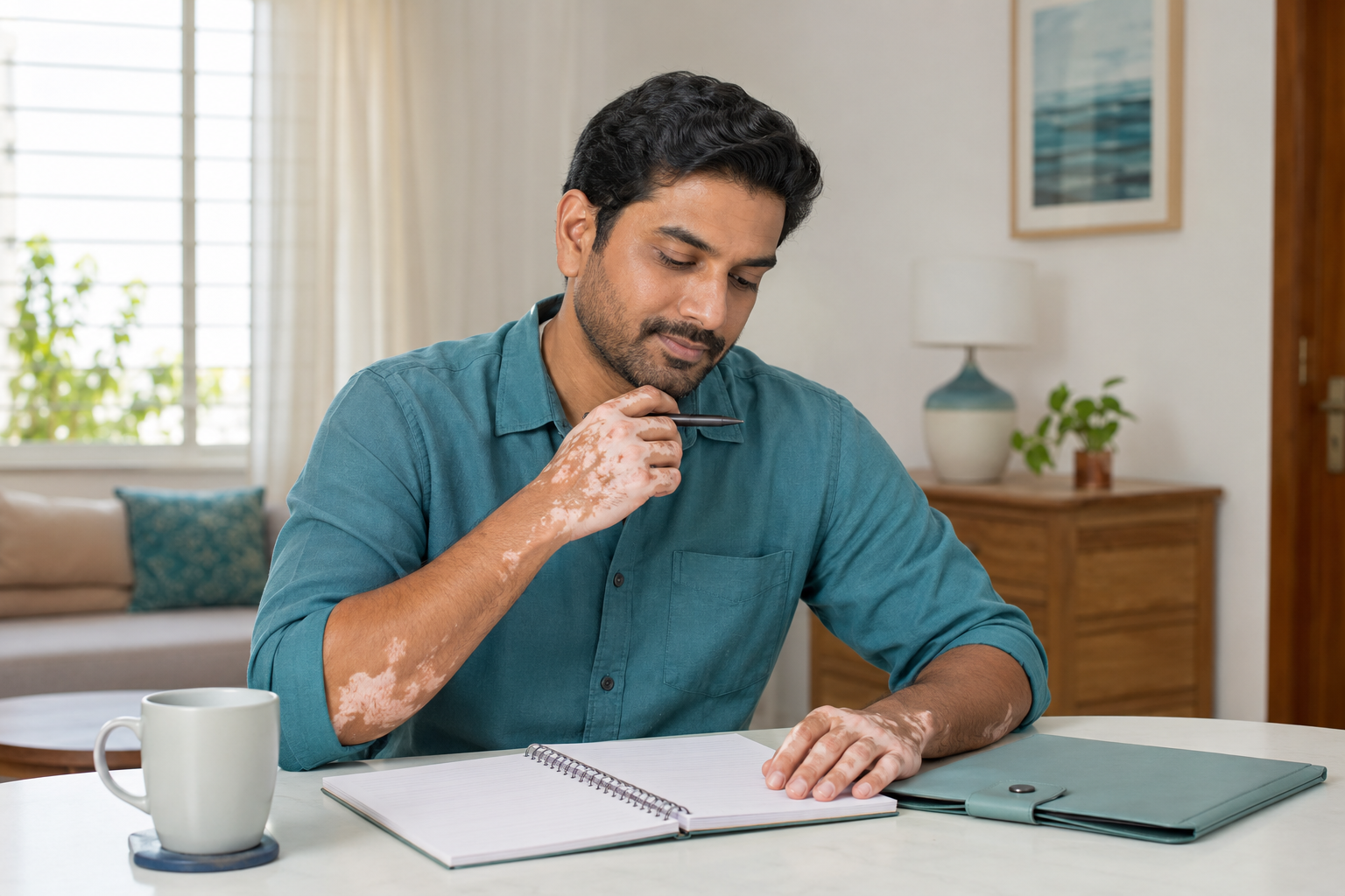 Adult patient preparing questions before a dermatology appointment